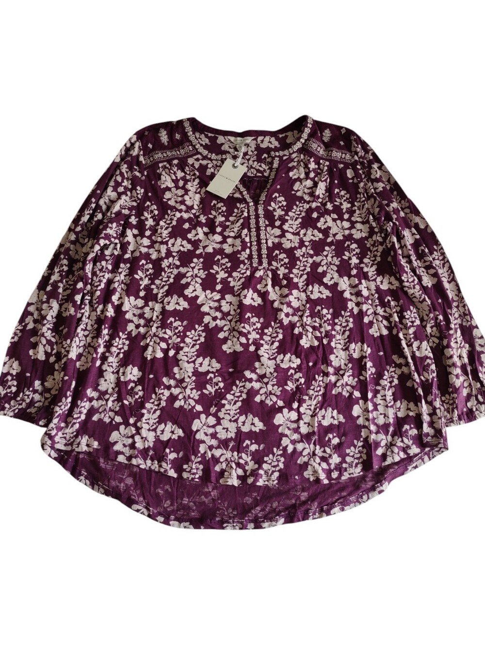 Lucky Brand 2X Purple Modal Blend Floral Embroidered V-Neck Top